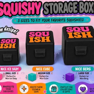 Puede incluir: Tres cajas de almacenamiento cuadradas negras de diferentes tamaños con el texto SQUISH en rosa y naranja. Las cajas se identifican como Nice Ice Baby, Nice Cube y Nice Berg. La imagen incluye el texto 3 sizes to fit your favorite squishies.
