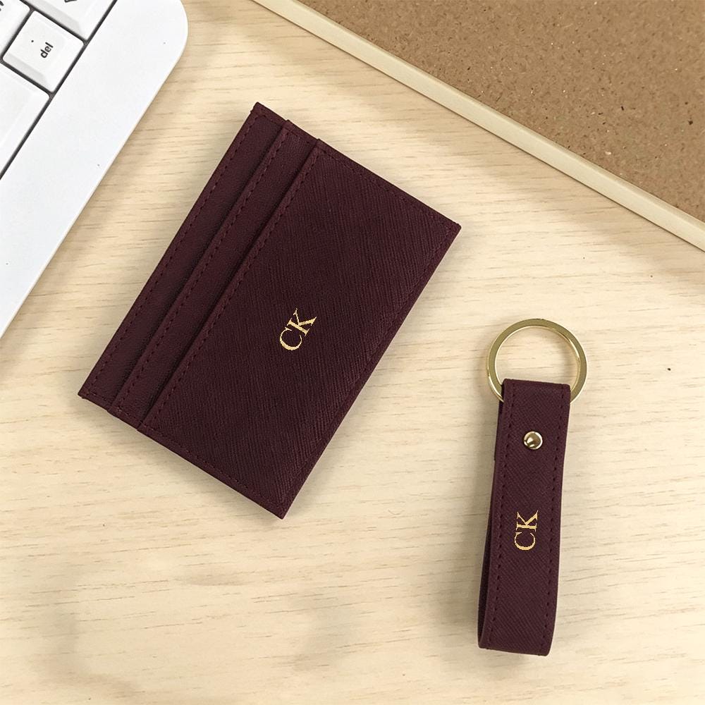 Initial Card Box Personalized Blue Initial Card Holder & Keychain Gift Set, Custom ...