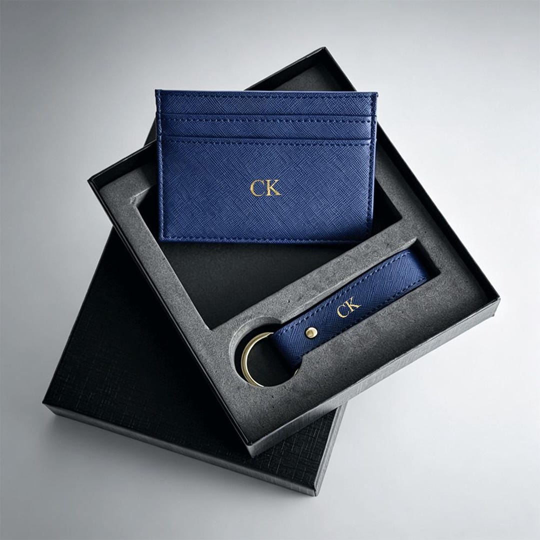 Initial Card Box Personalized Blue Initial Card Holder & Keychain Gift Set, Custom ...