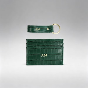 Personalized Green Crocodile Embossed Initial Card Holder & Keychain Set, Custom Monogram Leather Wallet, Engraved Gift for Her Him