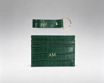 Tarjetero y llavero personalizados con iniciales grabadas en relieve de cocodrilo verde, cartera de cuero con monograma personalizado, regalo grabado para ella o para él.
