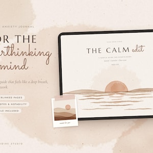 May include: A digital tablet displays a journal cover titled THE CALM edit with a sunset illustration over water. Text includes FOR THE OVERTHINKING MIND and 83 HYPERLINKED PAGES. A small square photo print shows a similar sunset landscape.