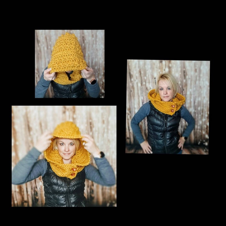 May include: A yellow crocheted hooded cowl with button accents. The cowl is worn by a person with a black vest and a wood background.