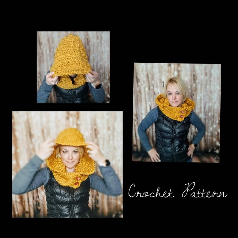 May include: A crochet hooded cowl pattern with a mustard yellow color. The cowl is shown being worn by a person in three different ways.