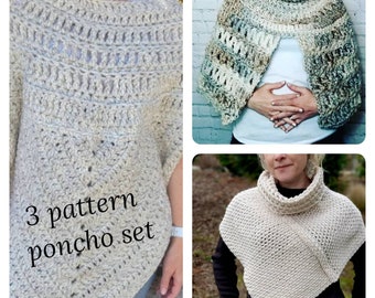 Bundled 3 Poncho CROCHET PATTERN set, Highlander poncho, crochet shawl, turtleneck poncho, easy crocheted women's cloak,