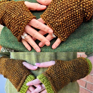 May include: A pair of fingerless gloves featuring a textured, chunky knit in a variegated brown yarn. The gloves have a ribbed cuff in a bright lime green color at the wrist. The knit pattern is consistent throughout the main body of the gloves.