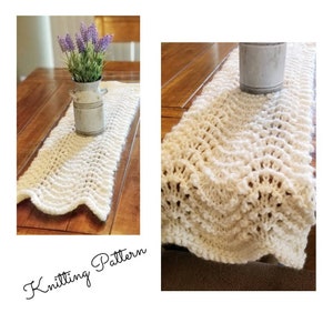 May include: White knitted table runner with a wavy pattern. The runner is on a wooden table with a vase of lavender flowers.