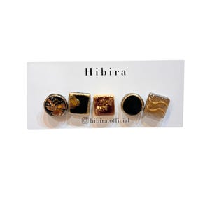 Gold Black Mino-yaki Tile Earrings (Set of 5) - Hibira 455-8Hibira　美濃焼タイルピアス　455-8　ゴールドブラック　5個セット　