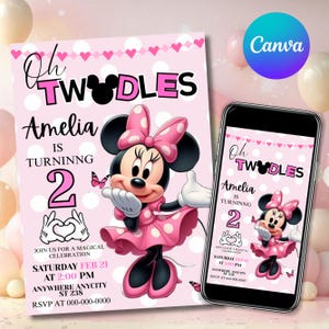 May include: Pink Minnie Mouse-themed birthday invitation with the text "Oh Twodles" and "Amelia is turning 2." The invitation features a cartoon Minnie Mouse character and includes event details. A smartphone displays the same design.