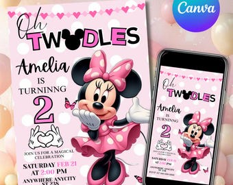 Oh TWOdles Geburtstagseinladung, Oh Twodles einladen, Boho Minnie einladen Vorlage, süße Maus zum zweiten Geburtstag einladen, bearbeitbare Canva Vorlage