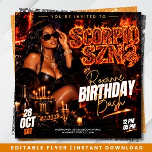 Puede incluir: Un folleto digital para una fiesta de cumpleaños Scorpio SZN para Roxanne el 28 de octubre. El diseño presenta a una persona con ropa negra, un pastel oscuro con velas, champán y texto ardiente que dice SCORPIO SZN y Roxanne BIRTHDAY Bash.