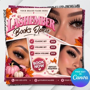 May include: A promotional flyer for lash services titled LASHEMBER Books Open, featuring three images of eyes with long lashes, pink pumpkins, autumn leaves, and text boxes for Classic, Volume, and Mega Volume sets with a Book Now button.