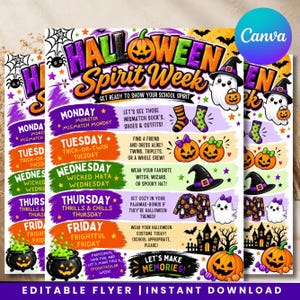 May include: A Halloween Spirit Week flyer featuring a pumpkin header, daily themes from Monday to Friday, and colorful illustrations of ghosts, jack-o'-lanterns, witches' hats, and cauldrons. The text details school activities for each day.
