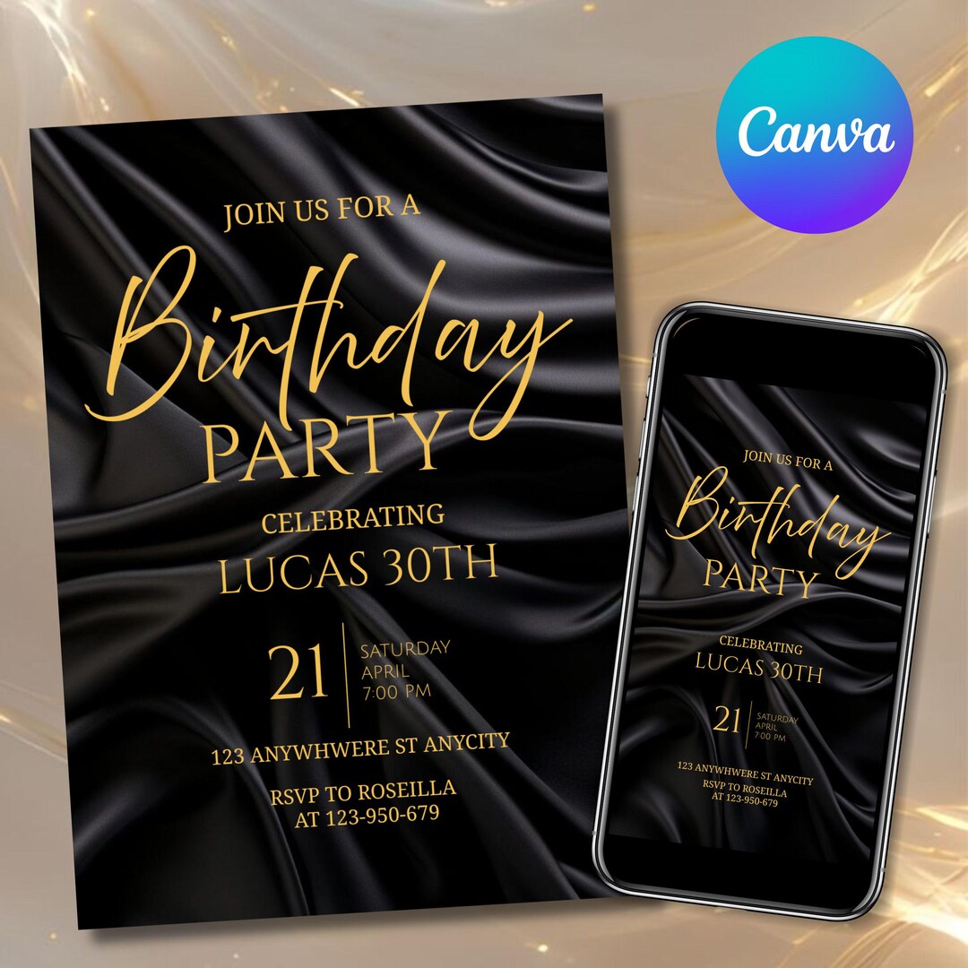 Black Gold Birthday Invitation, Elegant Modern Party Invite (digital ...