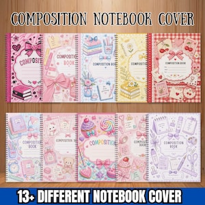 May include: A collection of thirteen spiral-bound composition notebooks featuring various pastel-coloured covers with illustrations of bows, flowers, sweets, stationery, and animals. Each cover includes a central label area for writing names and subjects.
