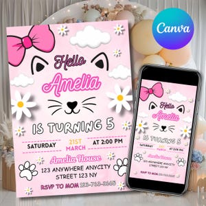 Invitations d'anniversaire modifiables de chaton, invitations d'anniversaire de chaton, chat mignon d'invitation, faire-part de fête d'anniversaire de chaton rose, téléchargement numérique