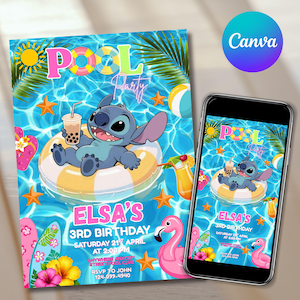Peut inclure: Une invitation à une fête au bord de la piscine et un écran de smartphone affichant un personnage de dessin animé dans une piscine. L'invitation indique "Pool Party" et "Elsa's 3rd Birthday". Le smartphone affiche le même design. Le fond est une scène d'eau bleue.