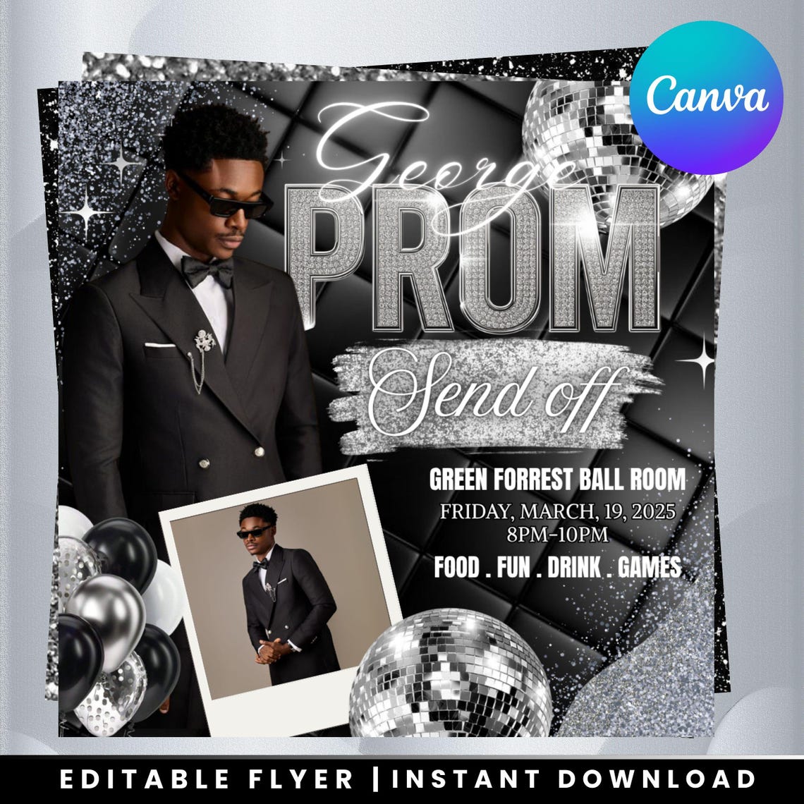 Editable Prom Send off Invitation, Black White Glamour Flyer (digital ...