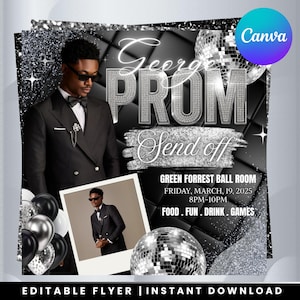 Op de afbeelding: Promotieflyer voor een prom-send-off-evenement. Het ontwerp toont een man in smoking, discoballen en de tekst "George PROM Send off". De flyer bevat evenementdetails: Green Forrest Ball Room, 19 maart 2025, 20.00-22.00 uur.