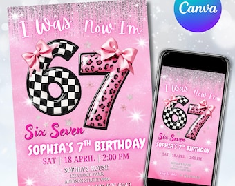 I Was 6 Now I’m 7 Birthday Invitation, Pink Meme, Girl’s Birthday (Digital Download)