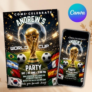 Pode incluir: Um convite digital para uma festa com tema de futebol. O design apresenta um troféu dourado, bolas de futebol e bandeiras. O texto diz "Come Celebrate Andrew's World Cup Party" com detalhes do evento. Um smartphone exibe o mesmo design.