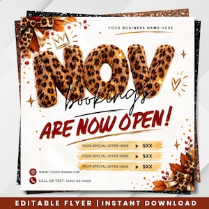 Könnte beinhalten: Eine quadratische digitale Flyer-Vorlage mit dem Text NOV BOOKINGS ARE NOW OPEN in einer Leopardenfell-Textur. Das Design enthält Herbstblätter, rote Beeren, goldene Akzente und Platzhalter für Firmennamen, Angebote und Kontaktdaten.