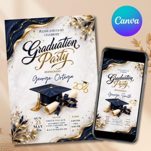 May include: Graduation party invitation with navy blue and gold accents. The invitation features the text "Graduation Party" in elegant script, a graduation cap, and a scroll. A smartphone displays a similar design.