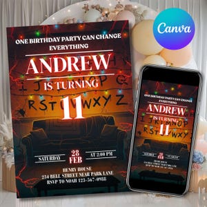 May include: A birthday party invitation with a dark red background and the text "ONE BIRTHDAY PARTY CAN CHANGE EVERYTHING". The invitation says "ANDREW IS TURNING 11" with the date and time. A smartphone displays the same invitation.