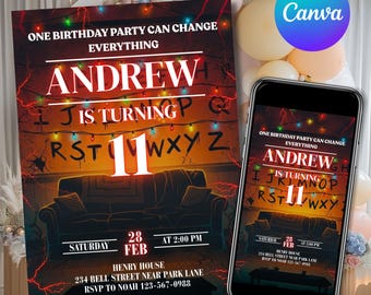 Invitación de Stranger Things, Invitaciones de cumpleaños, Invitación de Stranger Things, Fiesta de Stranger Things, Descarga digital, Plantilla editable de Canva