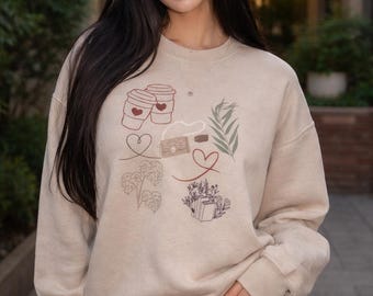 Minimalistisches Kaffee Rundhals-Sweatshirt, Handgezeichneter Cafe Art Pullover