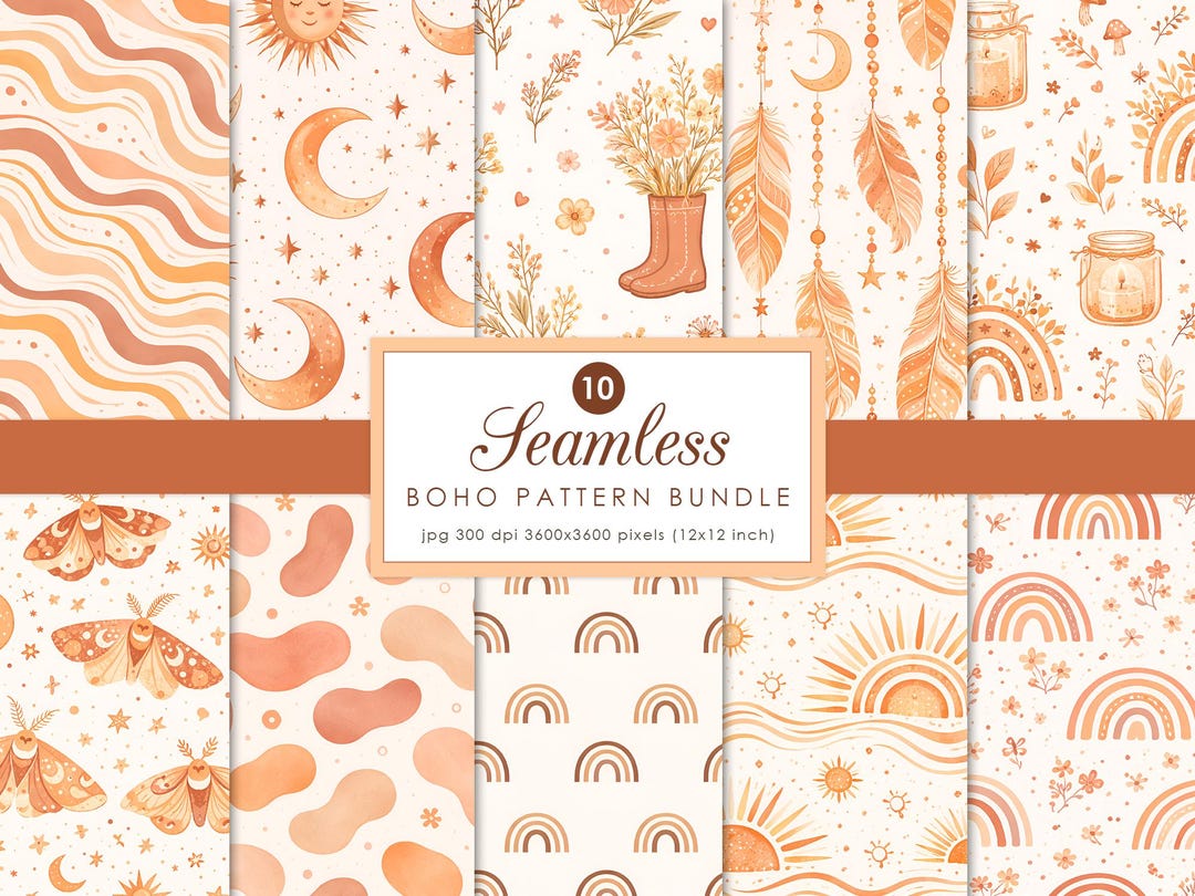 10 Boho Seamless Patterns Bundle, Neutral Abstract Digital Paper ...