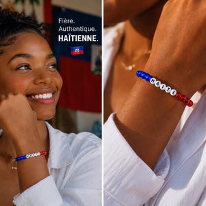 May include: A beaded bracelet featuring blue and red spherical beads with white letter beads spelling HAITI in the center. The bracelet is worn on a wrist and displays the colors of the Haitian flag, with the text Fière. Authentique. HAÏTIENNE.