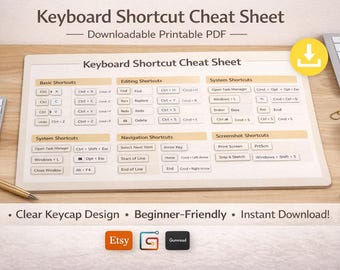 Tastaturkürzel Spickzettel – Tastenkappen-Stil druckbare PDF | Windows & Mac-Verknüpfungen | Schreibtisch Einrichtung Digital Download