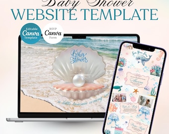 Szablon strony internetowej na baby shower Sea You Soon z RSVP, edytowalnym zaproszeniem na baby shower Canva, cyfrowym zaproszeniem