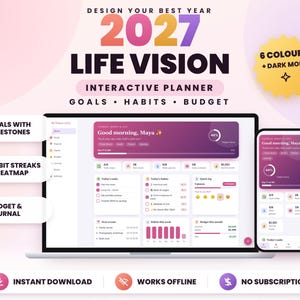 May include: A digital interactive planner for 2027 displayed on a laptop and smartphone screen. The interface features sections for goals, habits, and budget tracking with a purple and white color scheme. Text includes DESIGN YOUR BEST YEAR 2027 LIFE VISION INTERACTIVE PLANNER GOALS HABITS BUDGET.