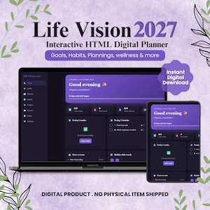 May include: A laptop and tablet displaying the Life Vision 2027 interactive HTML digital planner with a dark purple interface. The screen shows sections for goals, habits, and tasks. Text includes "Life Vision 2027" and "Instant Digital Download."