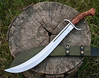 Hand Forged Scimitar Style Machete with Rosewood Handle | Handmade 5160 Carbon Steel Display Blade | Artisan Gift with Leather Scabbard