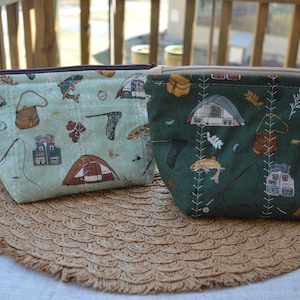 Handmade Quilted Zipper Pouch – Fishing Prints, Upcycled Fabrics, Betsie River Inspired