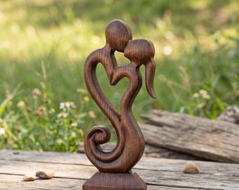 Hand Carved Couple Embrace Wood Sculpture, Romantic Love Statue for Table Decor, Anniversary & Valentine’s Day Gift for Her