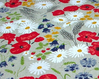 Poppy Meadow/Romantic Country Style/Poppy Tablecloth/Summer Curtains/Colorful Wildflowers/Canvas Linen Printed Fabric/All DIY Projects