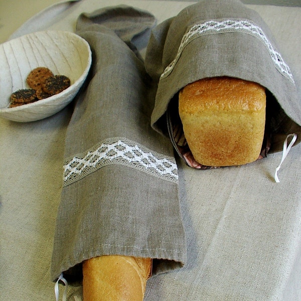 Zero Waste Bags--Reusable Bread Bags--Natural Flax Linen Bag Pouch for Bread--Baguette, Homemade, Artisan Bread--Delicate set of Two