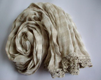 Pure Linen Scarf,Plaid Sheer Gauze Scarf,Scarf with Linen Lace on the Ends,Provence Collection,Shrinked,Neck Warmer,Ready to Ship/Wear