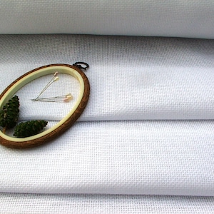 May include: A white Aida cloth with a wooden embroidery hoop and needles. The hoop is empty and ready for cross-stitch.