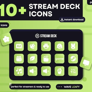 May include: A graphic featuring over 210 Stream Deck icons, with the text "STREAM DECK ICONS" and "instant download". The icons are on a black background with a green border, and the background is a light green color. The text "perfect for streamers & ready to use" is also included.