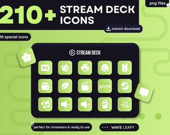 Oltre 210 icone per Stream Deck – Wave Leafy Pack – Icone personalizzate per Elgato Stream Deck – Icone per Twitch e OBS – Configurazione per lo streaming – Download immediato