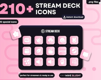 Oltre 210 icone per Stream Deck – Wave Blushy Pack – Icone personalizzate per Elgato Stream Deck – Icone per Twitch e OBS – Configurazione per lo streaming – Download immediato