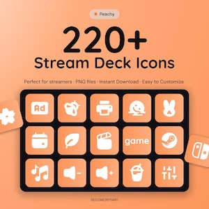 Könnte beinhalten: Eine digitale Sammlung von über 220 Stream Deck Icons in einer pfirsichfarbenen Palette. Die Anzeige zeigt ein Raster aus fünfzehn quadratischen Schaltflächen mit weißen grafischen Symbolen, darunter ein Drucker, eine Filmklappe und Lautstärkeregler.