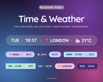 Date + Time + Location + Weather Widget – Daybreak – StreamElements Widget – Twitch & OBS Overlay – Streaming Setup – Instant Download