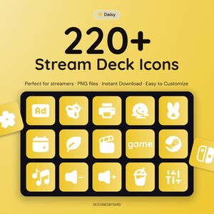 Può includere: Una collezione digitale di oltre 220 icone Stream Deck in uno schema di colori giallo e bianco. Il display mostra una griglia di quindici icone quadrate con vari simboli bianchi su sfondo giallo, tra cui una stampante e note musicali.