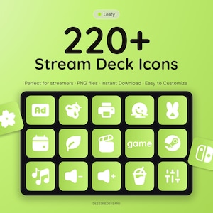 Op de afbeelding: Een digitale collectie van 220+ Stream Deck iconen met een lichtgroen kleurenpalet. Het display toont een raster van vijftien vierkante knoppen met witte grafische symbolen, waaronder een printer, muzieknoten, volumeregelaars en de tekst game.